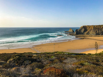 Scenic view of beach against clear sky