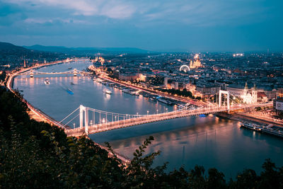 Long exposure high angle view of bridge over river by night in budapest