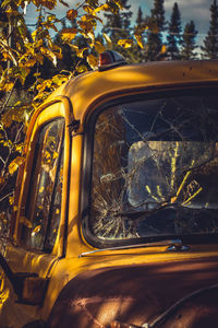 Close-up of yellow car on road