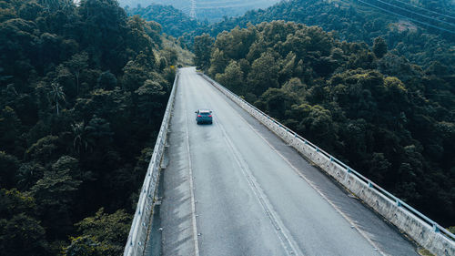 High angle view of road amidst trees