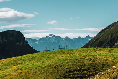Panoramic view from fronalpstock of the swiss mountains on lake lucerne.