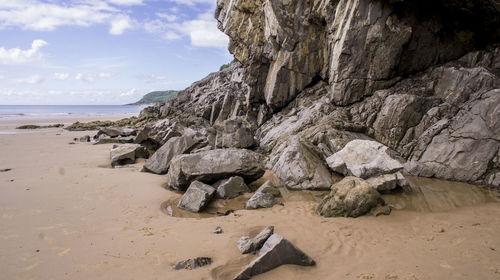 Scenic view of beach against cloudy sky