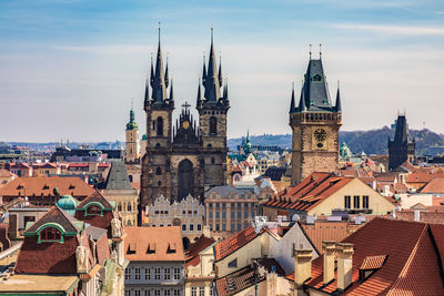 Skyline of prague with tyn church in background