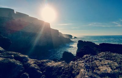 Scenic view of sea by cliff against sky