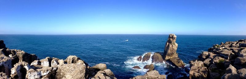 Panoramic view of sea against clear blue sky