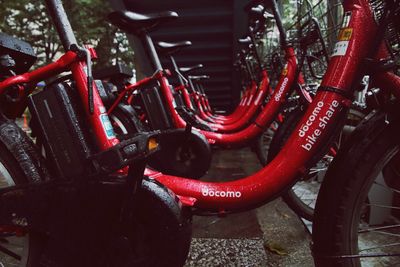 Close-up of bicycles on street