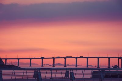 Silhouette bridge over sea against orange sky