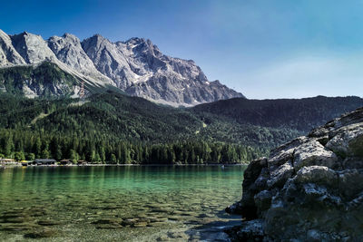 Scenic view of lake by mountains against sky
