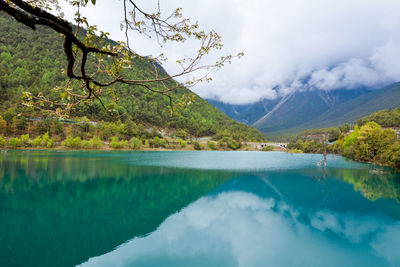 Scenic view of lake against cloudy sky