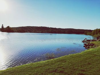 Scenic view of lake against clear blue sky