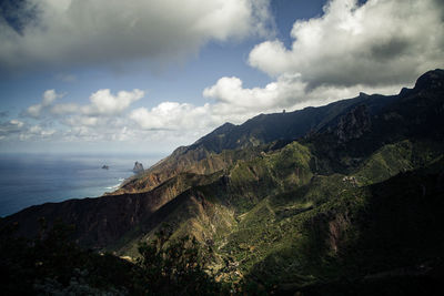 Scenic view of sea and mountains against sky