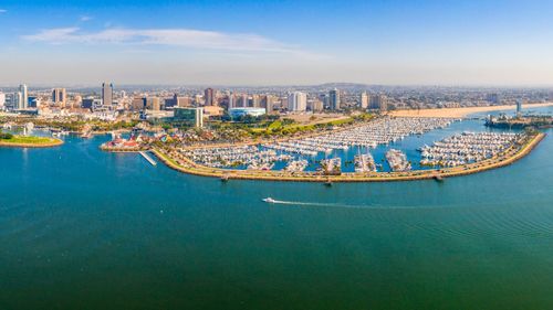 High angle view of city at waterfront