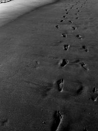 High angle view of footprints on wet sand