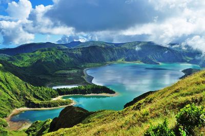 Scenic view of lake and mountains against sky