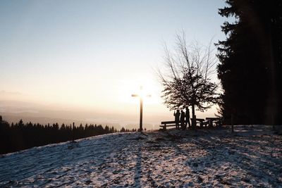 Silhouette trees on field against clear sky during sunset