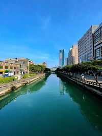 Canal amidst buildings against blue sky