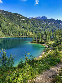 Scenic view of lake and trees against blue sky