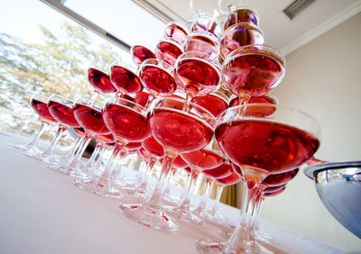 High angle view of red wine on table