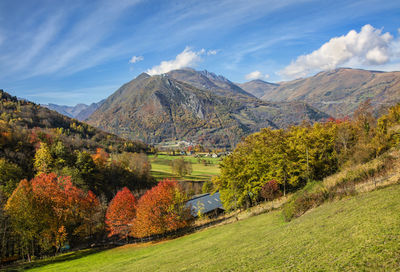 Scenic view of mountains against sky during autumn