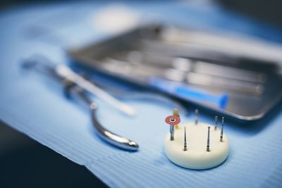 Close-up of dental equipment on table