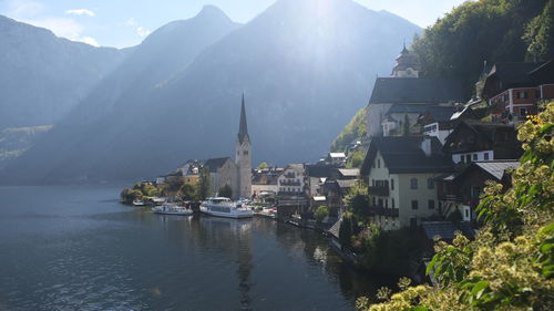 High angle view of hallstatt by lake