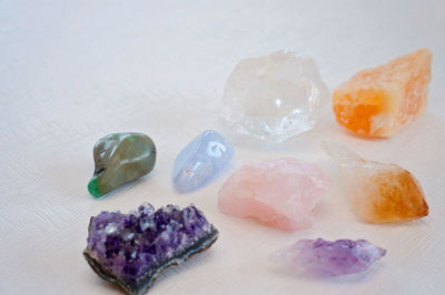 Close-up of gemstones on table