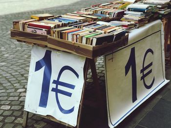 High angle view of books for sale at market