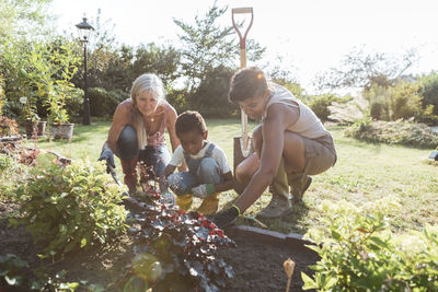 Multi-generational family planting together on sunny day