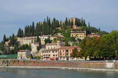 Buildings by river against sky