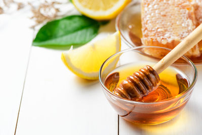 High angle view of dessert in glass on table