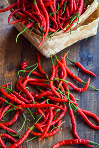 Close-up of red chili peppers on table