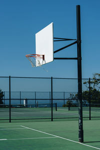 Basketball hoop against blue sky