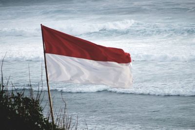 Scenic view of flag and sea against sky