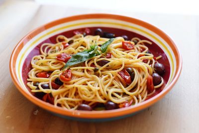 High angle view of noodles served in bowl
