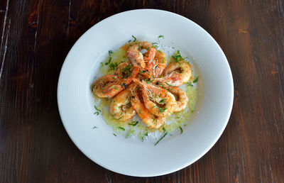 High angle view of noodles in plate on table