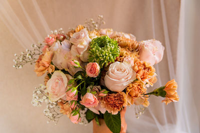 High angle view of rose bouquet on table