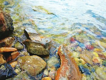 High angle view of water flowing through rocks