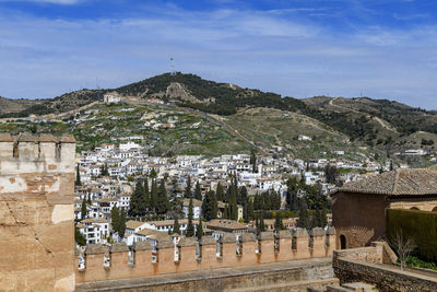 Panoramic view of buildings in town against sky