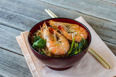 High angle view of food in bowl on table