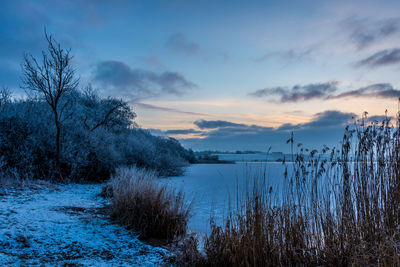 Scenic view of lake against sky during winter