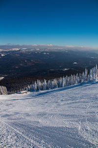 Scenic view of snow covered landscape against clear blue sky