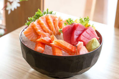 Close-up of sashimi served in bowl on table