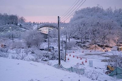 Power lines on snow covered landscape