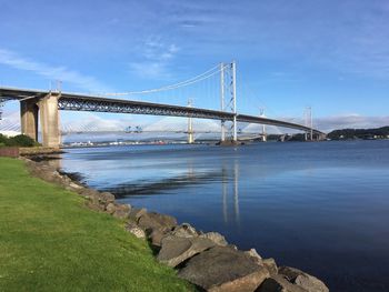 View of suspension bridge over river