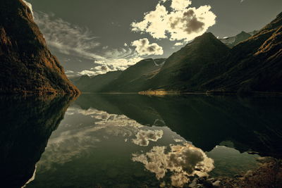 Scenic view of lake and mountains against sky