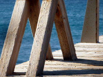 Close-up of wooden posts on beach