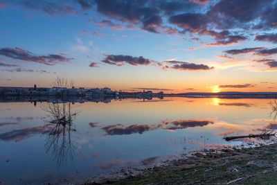 Scenic view of lake against sky during sunset