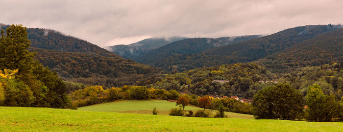 Scenic view of field and mountains against sky