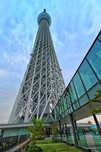 Low angle view of modern building against cloudy sky