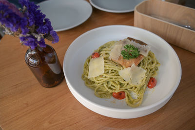 High angle view of meal served on table